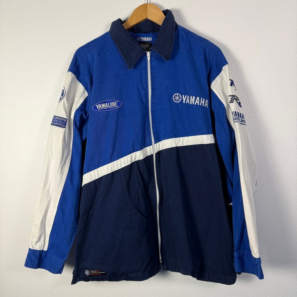 Y2K Yamaha Racing Jacket Men Large Blue Excellent Embroidered Cotton Zip Up Moto